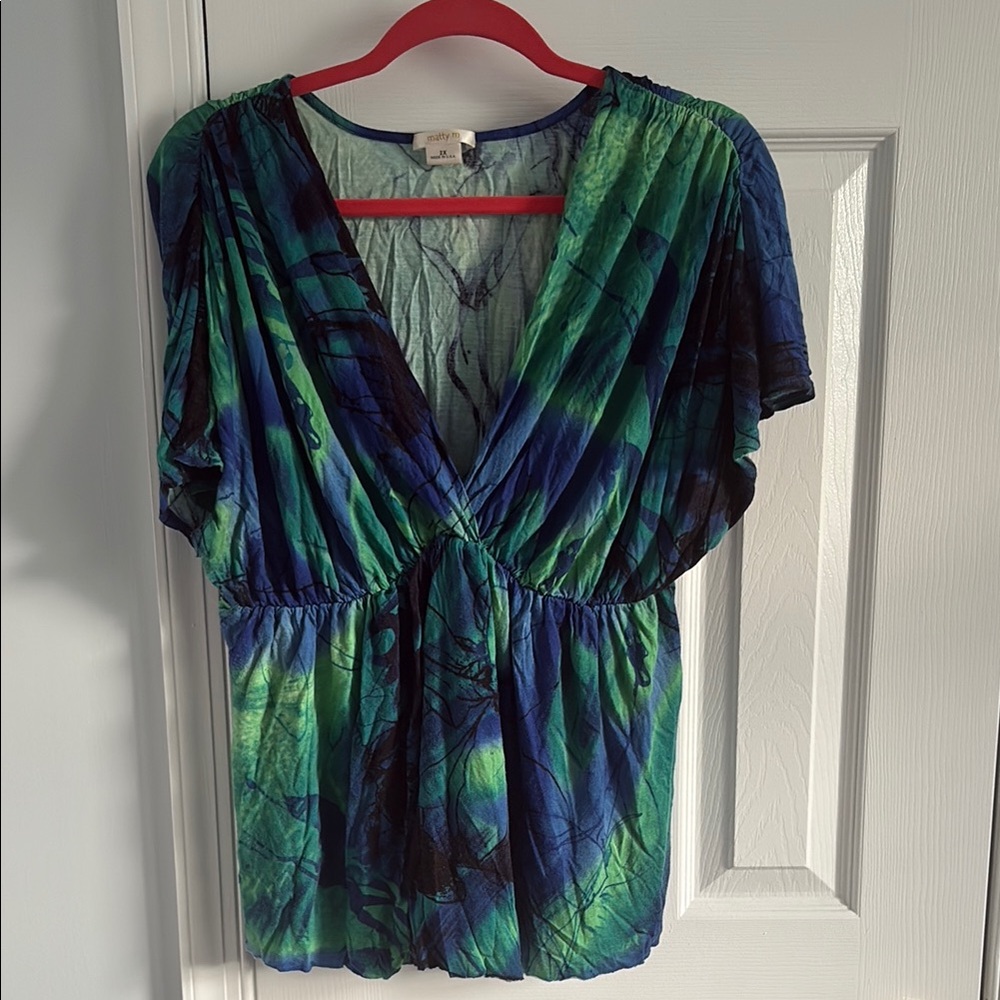 Matty M Blue and Green Ruched Sleeve V Neck Blouse Size 2X